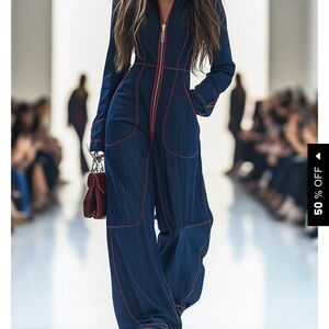Stylish Navy Jumpsuit with Red Stitching